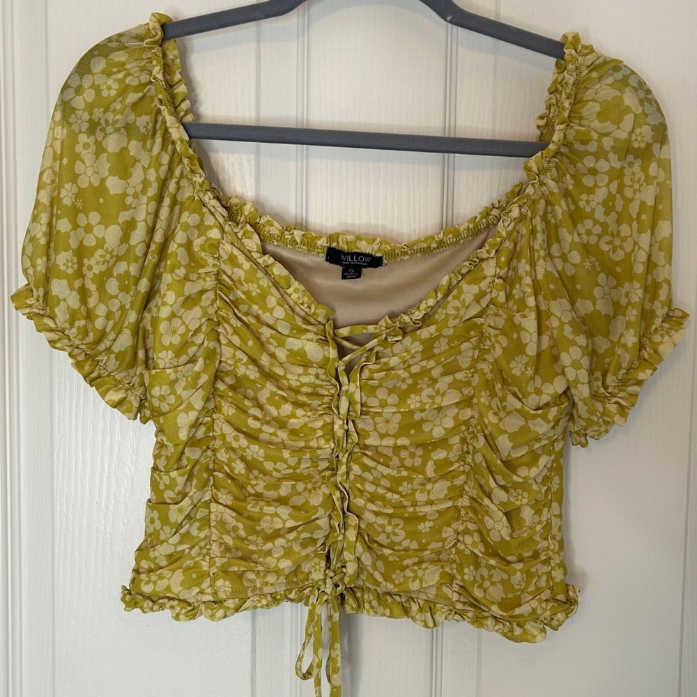 Willow Women's Yellow Floral Ruched‎ Mesh Crop Top Blouse Size XL Cottage